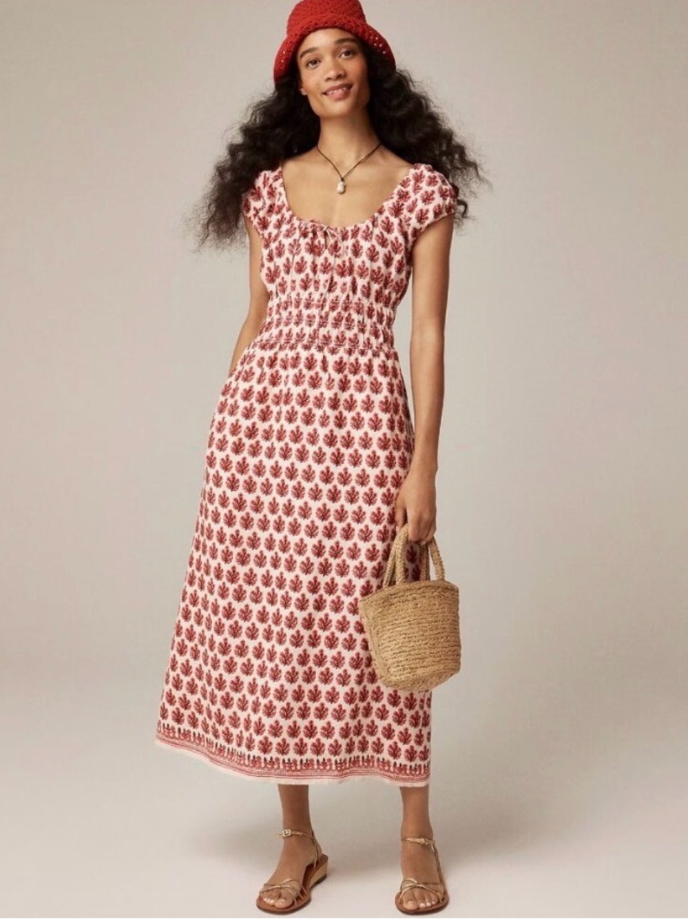J. Crew NWT Red Floral Cap Sleeve Midi Dress in Block Print Linen Size Small
